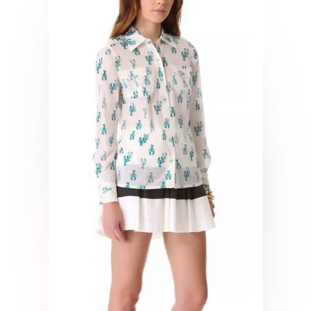 Tory Burch Women’s Brigitte Lobster Print Button Up Shirt - White/Turquoise- 2